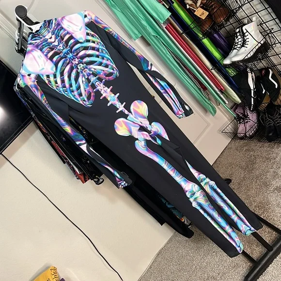 Candy Catz Rainbow Skeleton Halloween Catsuit Jumpsuit Skinsuit Bodysuit Rave - Picture 2 of 4
